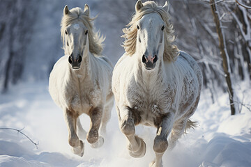 a pair of horses running in the snow