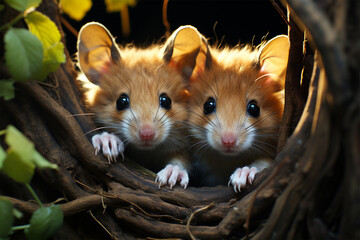 a pair of mice in a tree hole