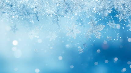 Winter background, falling beautiful snowflakes, selective focus. Falling snow and snowflakes close-up on a blue background