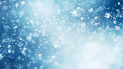 Fototapeta premium Winter background, falling beautiful snowflakes, selective focus. Falling snow and snowflakes close-up on a blue background