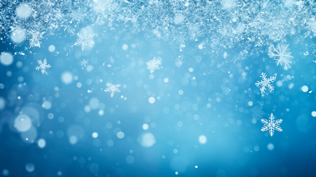 Winter background, falling beautiful snowflakes, selective focus. Falling snow and snowflakes close-up on a blue background