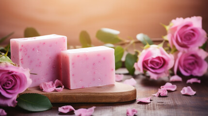 Obraz na płótnie Canvas Handmade rose soap. Soap with rose extract.Generative AI