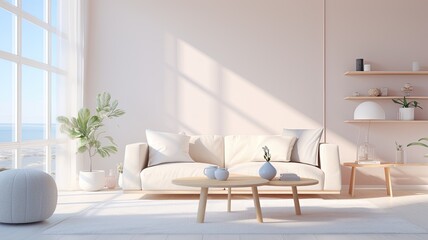a minimalist interior with a realistic photo showcasing a living room. Feature a soft sofa, coffee table, lamp, and greenery bathed in ample lighting.