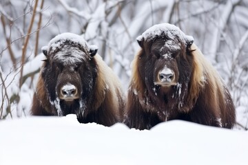 musk oxen standing guard in snow - obrazy, fototapety, plakaty