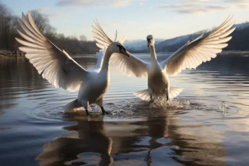  a pair of swans flying over the water © Angah