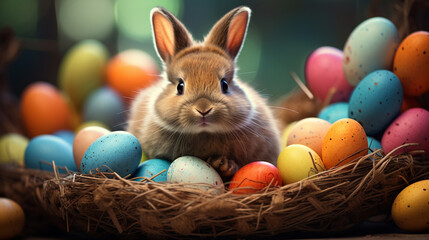 Easter bunny in a basket and a basket of eggs. rabbit on a card. Generative AI