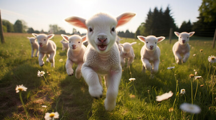 happy lambs run in the meadows.Generative AI - obrazy, fototapety, plakaty