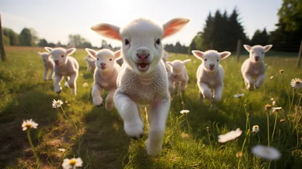 Fotobehang happy lambs run in the meadows.Generative AI © Артур Комис