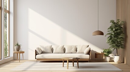 Fototapeta na wymiar a minimalist interior with a realistic photo showcasing a living room. Feature a soft sofa, coffee table, lamp, and greenery bathed in ample lighting.