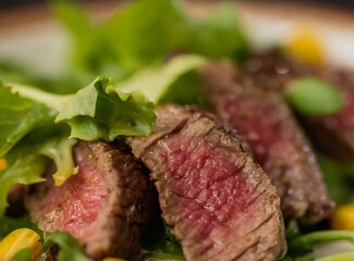 Rare beef with salad closeup gastronomic photography