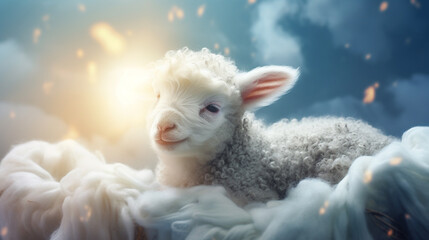 A cute little lamb is sitting on a cloud. Generative AI