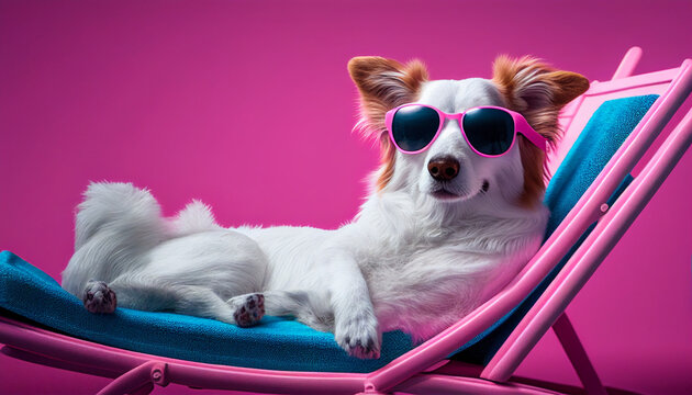 Schnäppchen Hund kleiner lustiger Chihuahua mit rosa Sonnenbrille liegend in Wellness Wellnessbereich lustige Tiere Kartenmotiv Vorlage Motiv Generative AI 