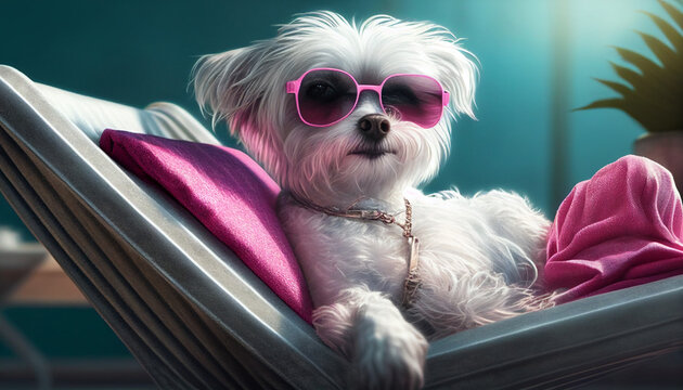Chihuahua Hund mit Sonnenbrille Brillenmode Werbung Marketing Optiker Reiseveranstalter Sommerurlaub zur Erholung und Wellnessbereich lustige Tiere Kartenmotiv Vorlage Generative AI 