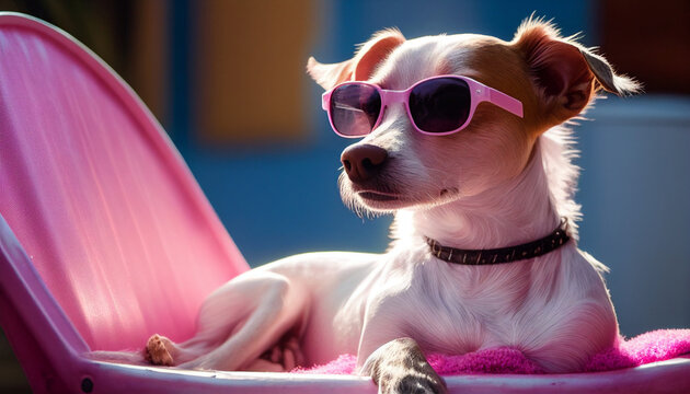 chihuahua mit rosa Sonnenbrille im Wellness Wellnessbereich zur Entspannung Luxus Erholung pur Urlaub Sommerurlaub Reiseveranstalter buchen Lifestyle Spa Bereich lustige Tiere Generative AI 