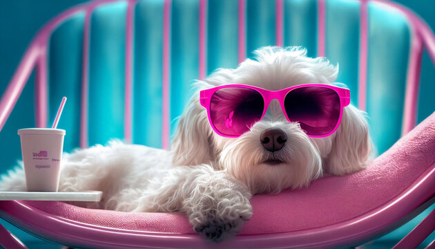 Hund mit Sonnenbrille Haustier Motive für Karte Grußkarte Kartenmotiv Vorlage Marketing Reiseveranstalter Sommerurlaub Entspannung Erholung im Wellness Wellnessbereich lustige Tiere Generative AI 
