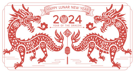 Chinese dragon in paper cut art style. 2024 vector illustration. Chineses Year of the Dragon card or banner Template	
