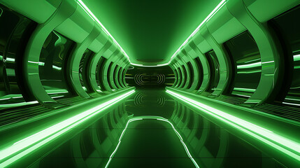Empty green futuristic tunnel. Technology Design.