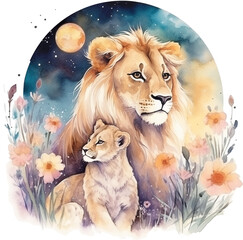 A lion mommy and baby illustration watercolor clipart with moon
