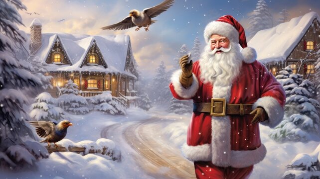 Santa Claus carrying a turkey, strolling along a scenic snowy path in a quaint village, the charm and warmth of Christmas traditions in a visually enchanting composition.