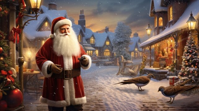 Santa Claus carrying a turkey, strolling along a scenic snowy path in a quaint village, the charm and warmth of Christmas traditions in a visually enchanting composition.