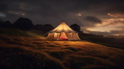 Keuken spatwand met foto Sunset and wild image of a one tent camping in an amazing outdoors quiet place  © nanihta