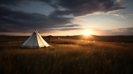 Sunset and wild image of a one tent camping in an amazing outdoors quiet place 