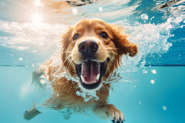 dog learn swimming at pool