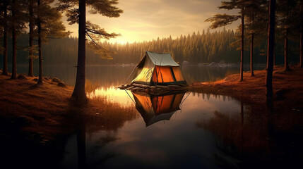 Sunset and wild image of a one tent camping in an amazing outdoors quiet place 