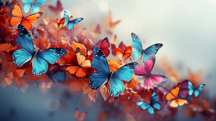 Abstract colorful background with blue and orange butterflies. Generative AI technology.