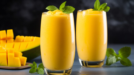 Fototapeta premium Mango smoothie in a glass. Refreshing mango cocktail.Generative AI