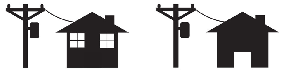 Electric pole and house icons, pole transmit electricity to house. Electric power supply symbol. Vector illustration.
