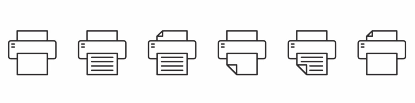Set of printer icons. Printer or fax symbol, print. Desktop printer and document. Printing sign. Vector.