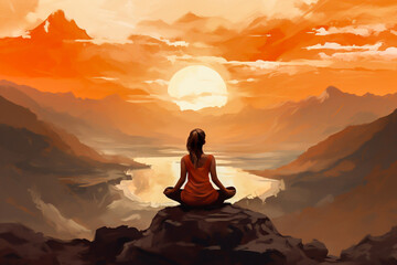 Illustration of a woman practicing yoga on a hill