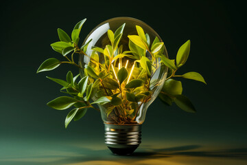 Eco light bulb green blurred background, concept of renewable energy saving and environmental sustainability
