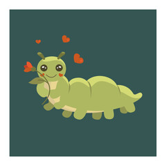 Cute cartoon caterpillar with flower and hearts. Caterpillar character in vector. Flat style.
