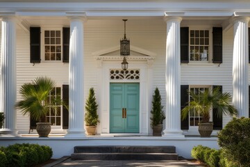 greek revival estate door, porch, and ornamental columns in a symmetrical layout