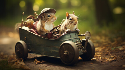 Squirrels go in a car. Generative AI - obrazy, fototapety, plakaty
