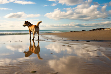 Dog walking at beach,sunset,playing at the sea