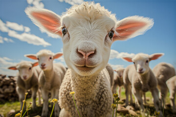 Close up of a little lamb on the meadow looking into camera lens.