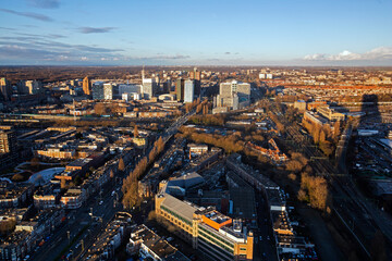 Aerial view of the skyline of The Hague (Den Haag) at sunset