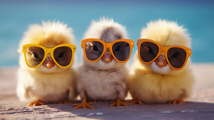 Cute spring baby chick wearing cool sunglasses.Generative AI - obrazy, fototapety, plakaty