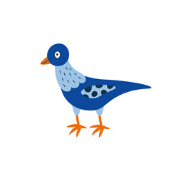 Funny pigeon doodle vector illustration. Hand drawn cartoon blue city bird. Childish print. Happy urban character with beak and wings. Mascot design. White background.
