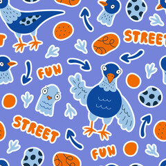 Funny urban seamless pattern with pigeon. Trendy colorful repeat vector illustration of hand drawn city bird, lettering and abstract shapes. Vibrant colored childish design