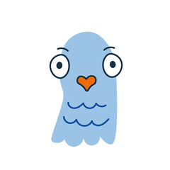 Funny cartoon pigeon head in doodle style. Vector illustration of surprised blue city bird on white background. Humor. Character. Mascot. Childish animal design. 