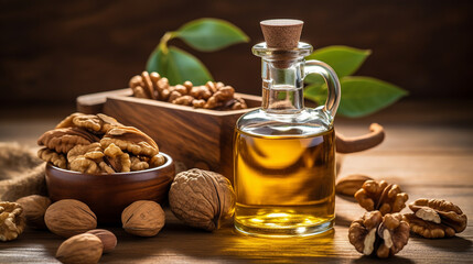 Obraz na płótnie Canvas Walnuts. Bottle of essential nut oil, sack of walnuts.Generative AI
