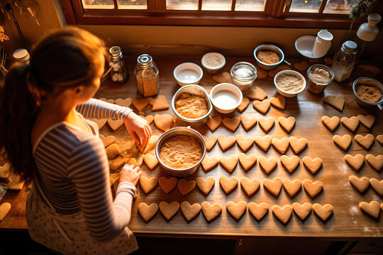 Young woman in the kitchen preparing heart-shaped cookies on Valentine's Day