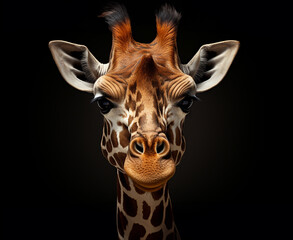 Portrait einer Giraffe von vorn vor schwarzem Hintegrund