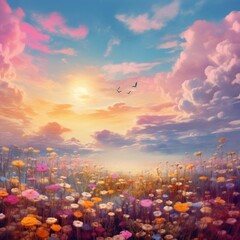 Fototapeta premium colourful dreamy like heaven sky with flowers, AIGENERATED 