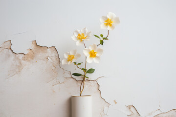 White and yellow daisy on a cracked wall. Generative Ai