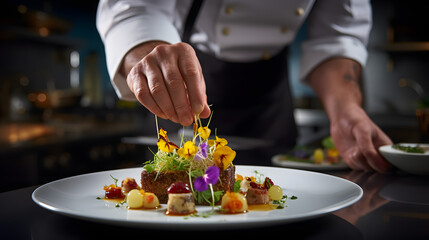 Master Chef Artfully Garnishing Gourmet Dish with Edible Flowers in Fine Dining Restaurant